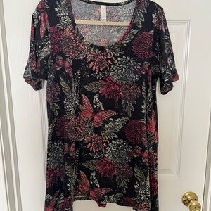 LuLaRoe Perfect T Blue Top with Pink Floral & Butterfly Print